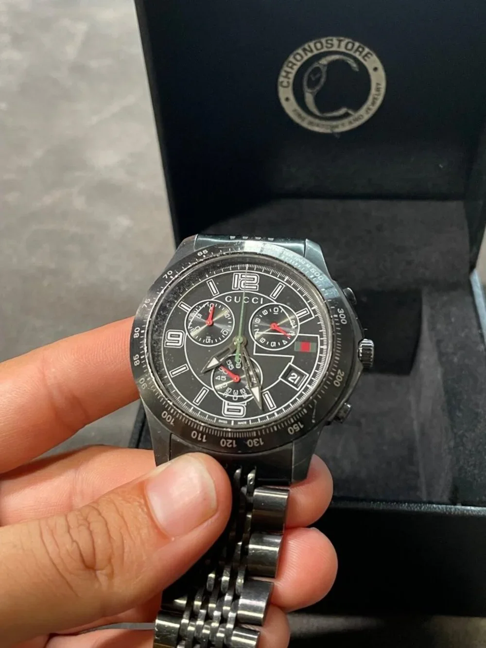 Gucci Swiss Made Mens Black Stainless Steel Chronograph Watch 126.2 With Box